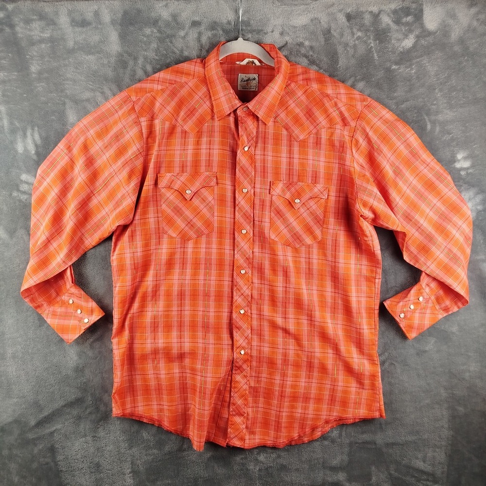 Vintage Rawhide‎ Pearl Snap Western Orange Plaid Shirt Size 17-34 No Iron